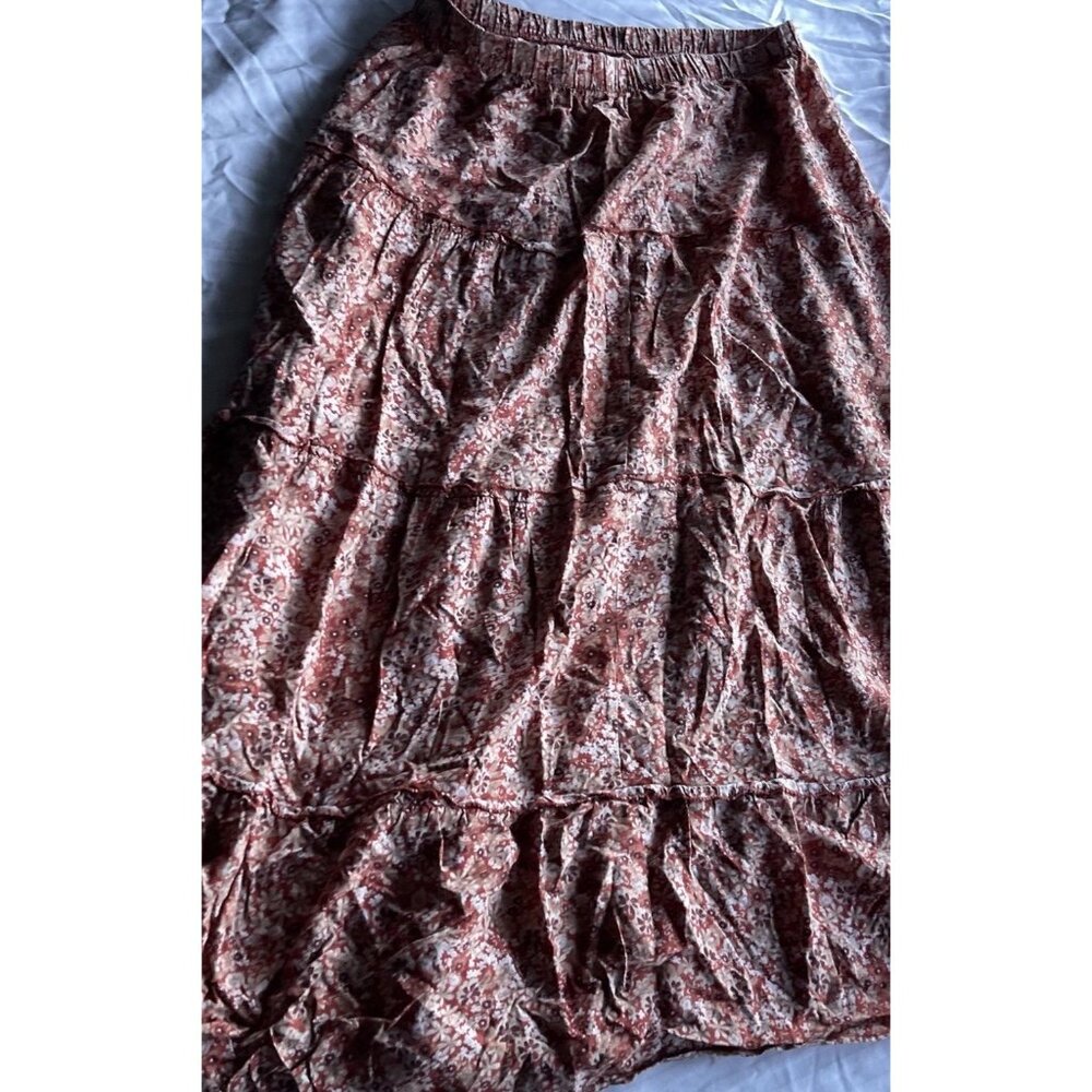 Japna Floral Maxi Skirt Women’s Sz L Black Pink Wrap Ruffle Hem Cottagecore